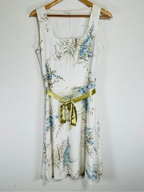 Sleeveless White Floral A-Line Dress with Blue Print and Olive Sash